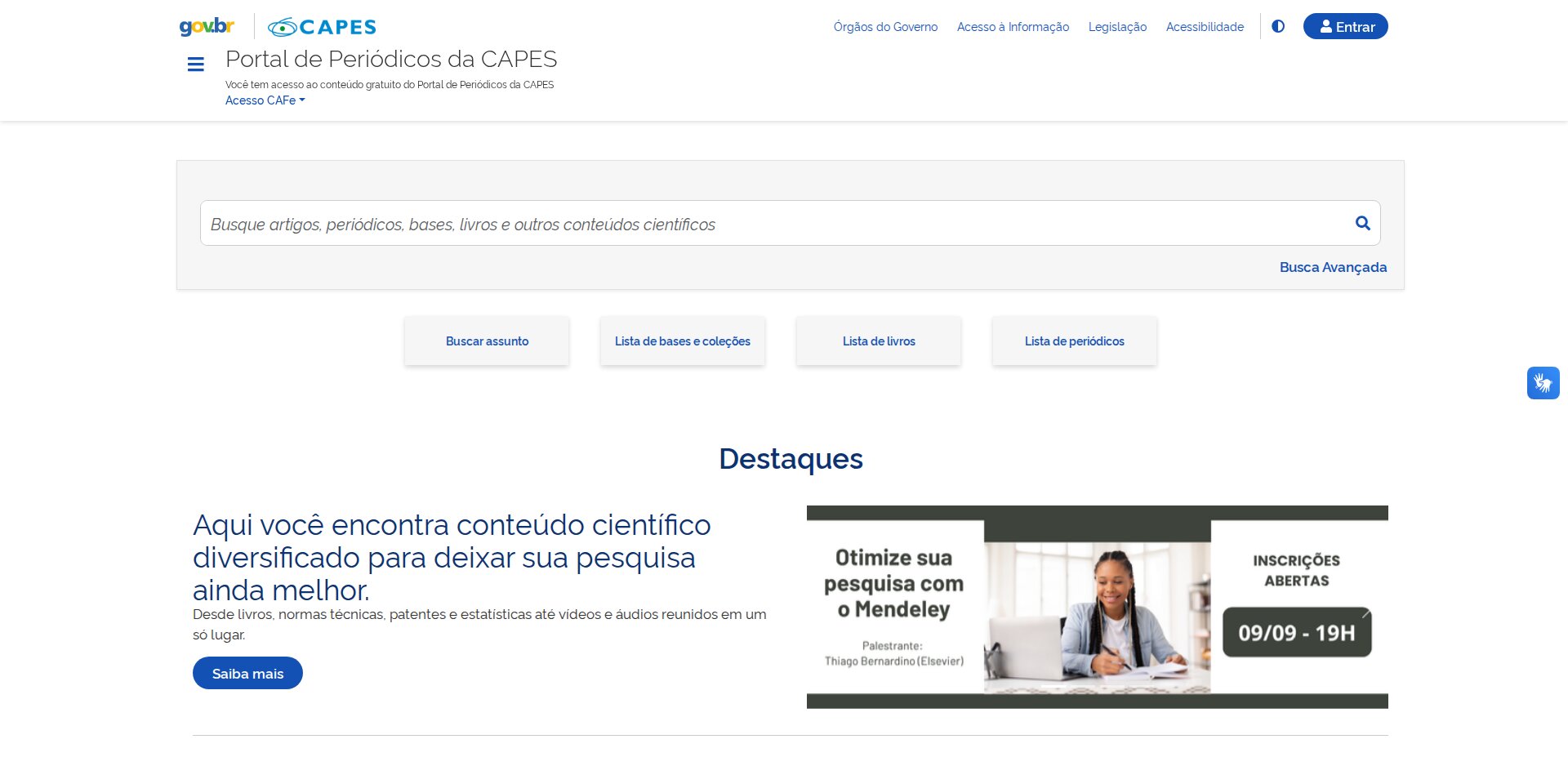 Home do Portal de Periódicos da CAPES sem login: aviso de acesso ao conteúdo gratuito, campo de busca, link Busca Avançada, botões Buscar assunto, Lista de bases e coleções, Lista de livros e Lista de periódicos, e Acesso CAFe no topo