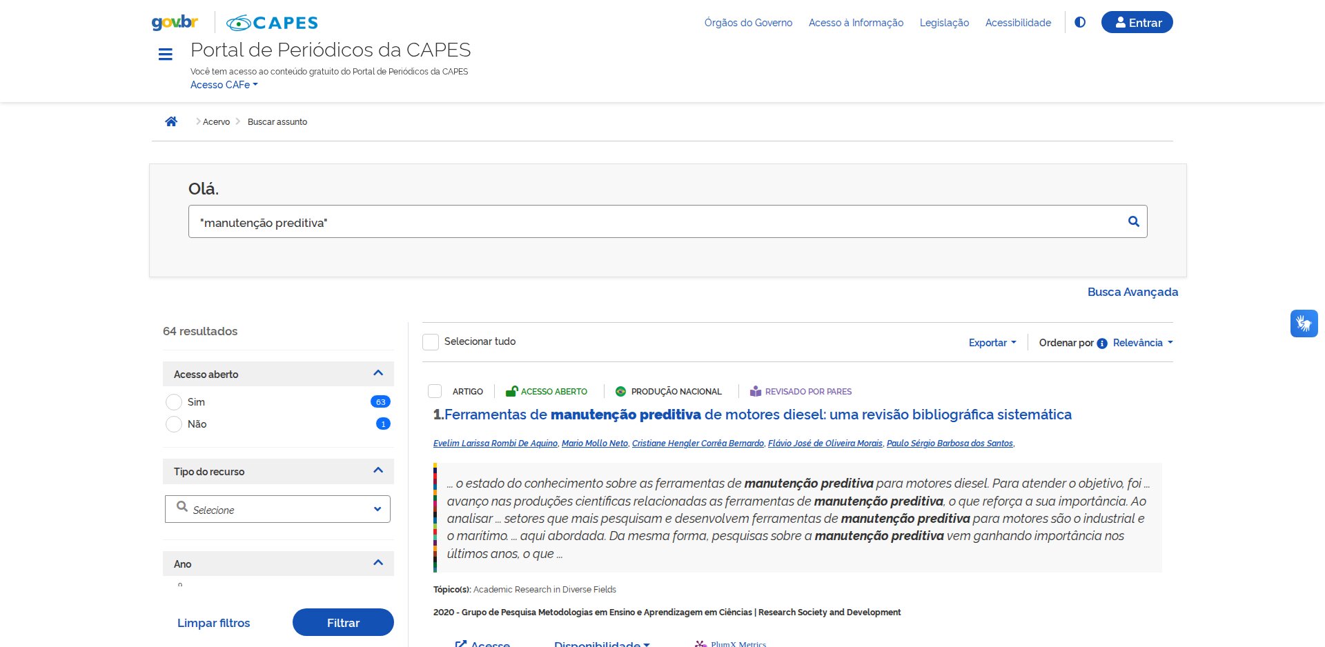 Resultados da busca por manutenção preditiva no Portal CAPES: 64 resultados, filtro Acesso aberto Sim 63 e Não 1, selos ARTIGO, ACESSO ABERTO, PRODUÇÃO NACIONAL e REVISADO POR PARES, botões Exportar e Ordenar por Relevância