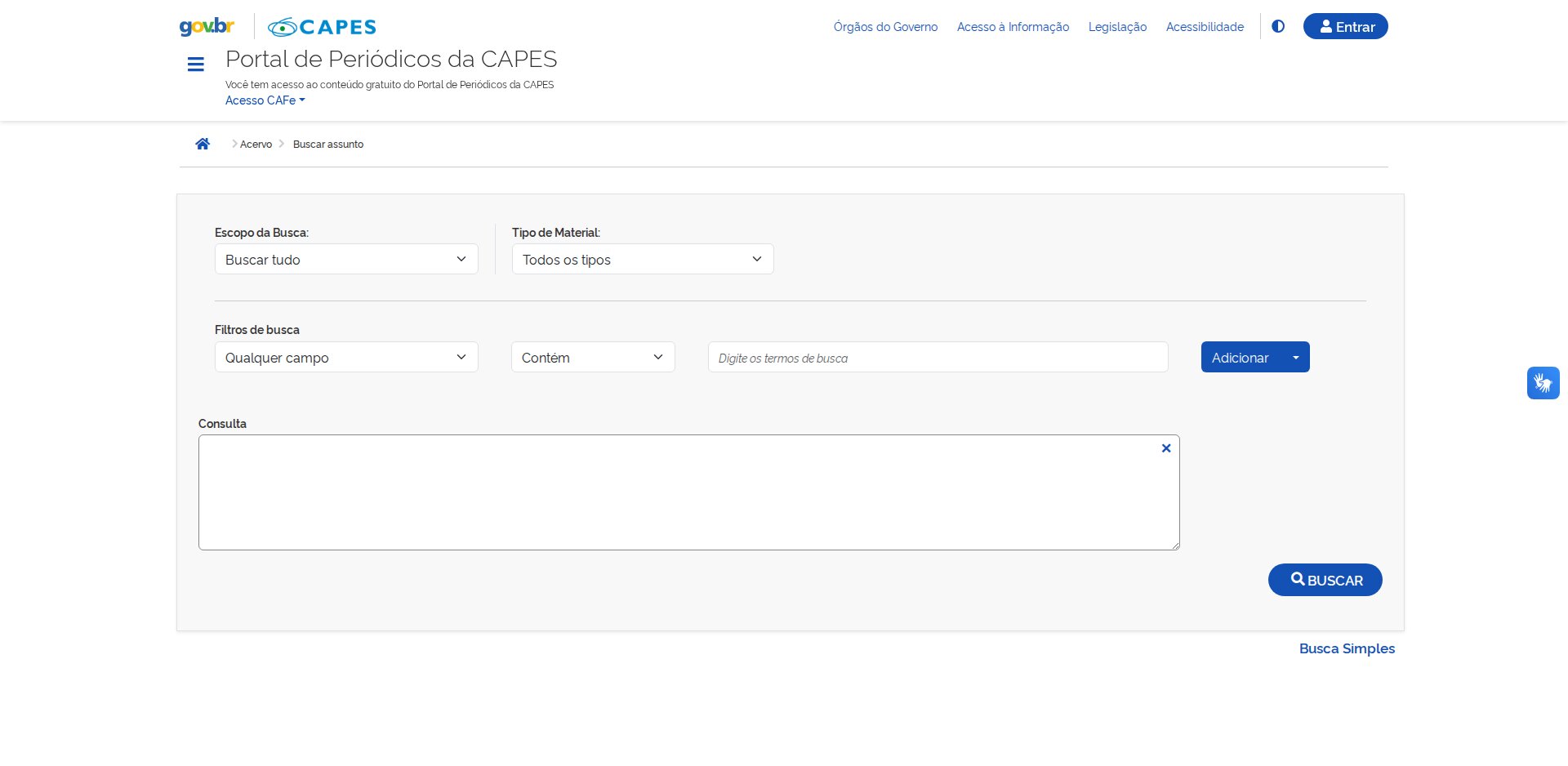 Busca Avançada do Portal CAPES com Escopo da Busca, Tipo de Material, Filtros de busca (Qualquer campo, Contém, termos), botão Adicionar, caixa Consulta e botão BUSCAR