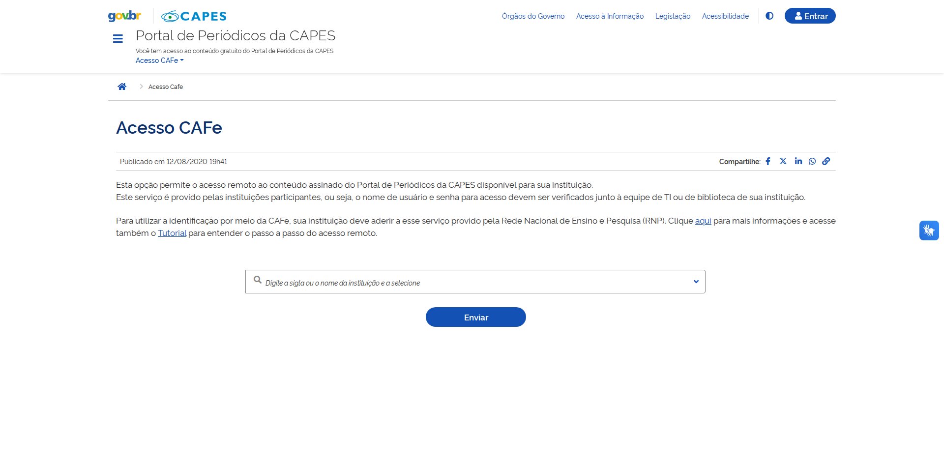 Página Acesso CAFe do Portal CAPES, com a escolha da instituição para o login institucional