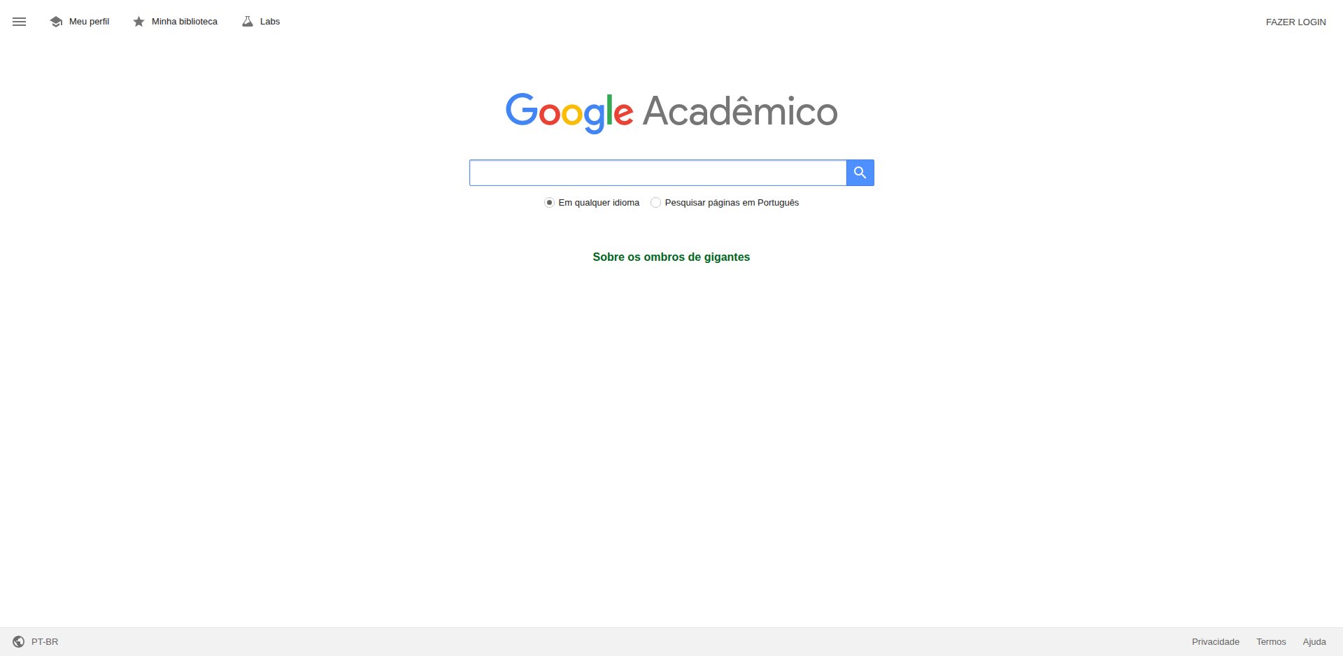 Home do Google Acadêmico em português, com o campo de busca e os links Meu perfil, Minha biblioteca e Labs