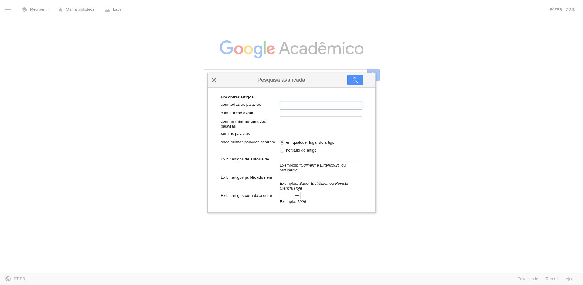 Pesquisa avançada do Google Acadêmico: com todas as palavras, com a frase exata, com no mínimo uma das palavras, sem as palavras, onde minhas palavras ocorrem, exibir artigos de autoria de, publicados em, datados entre