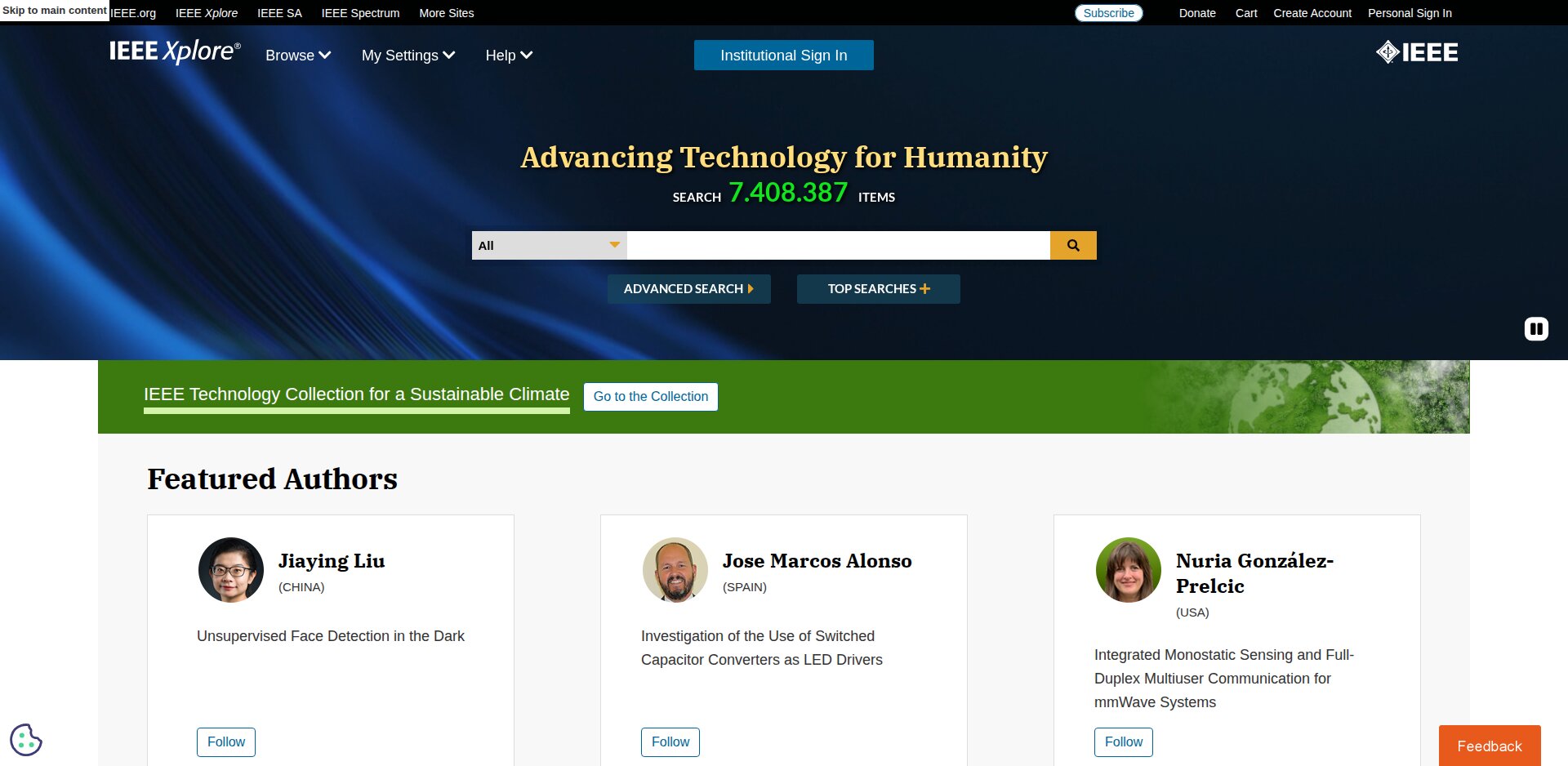 Home do IEEE Xplore com o campo de busca, o link ADVANCED SEARCH e o botão Institutional Sign In