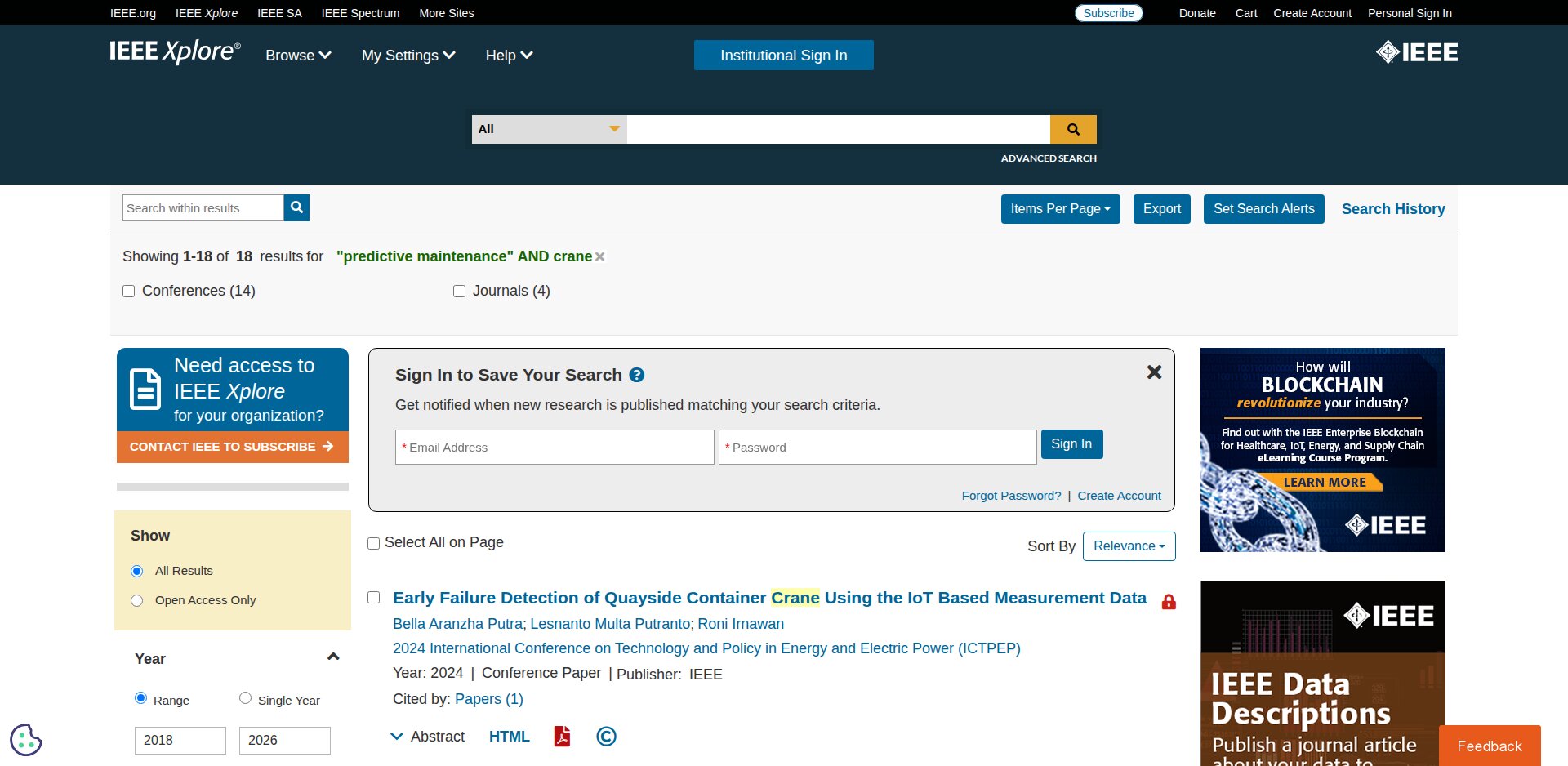 IEEE Xplore: resultados de predictive maintenance AND crane, 18 resultados, Conferences 14 e Journals 4, filtro Show All Results ou Open Access Only, botões Export, Set Search Alerts e Search History, cadeado nos itens pagos
