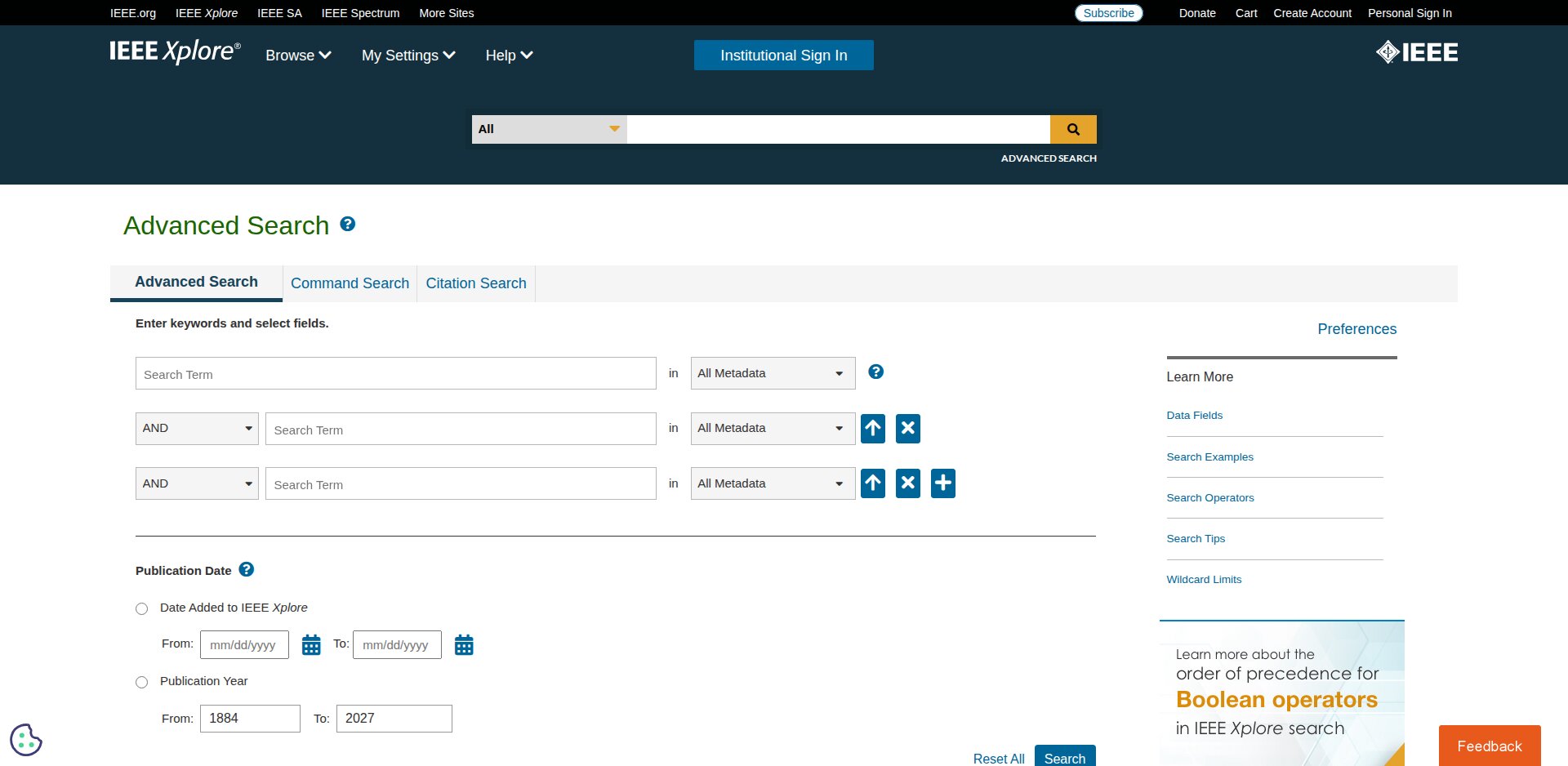 Advanced Search do IEEE Xplore com o construtor por campos, operadores AND, OR e NOT e a escolha de Document Title, Abstract, Author Keywords ou All Metadata