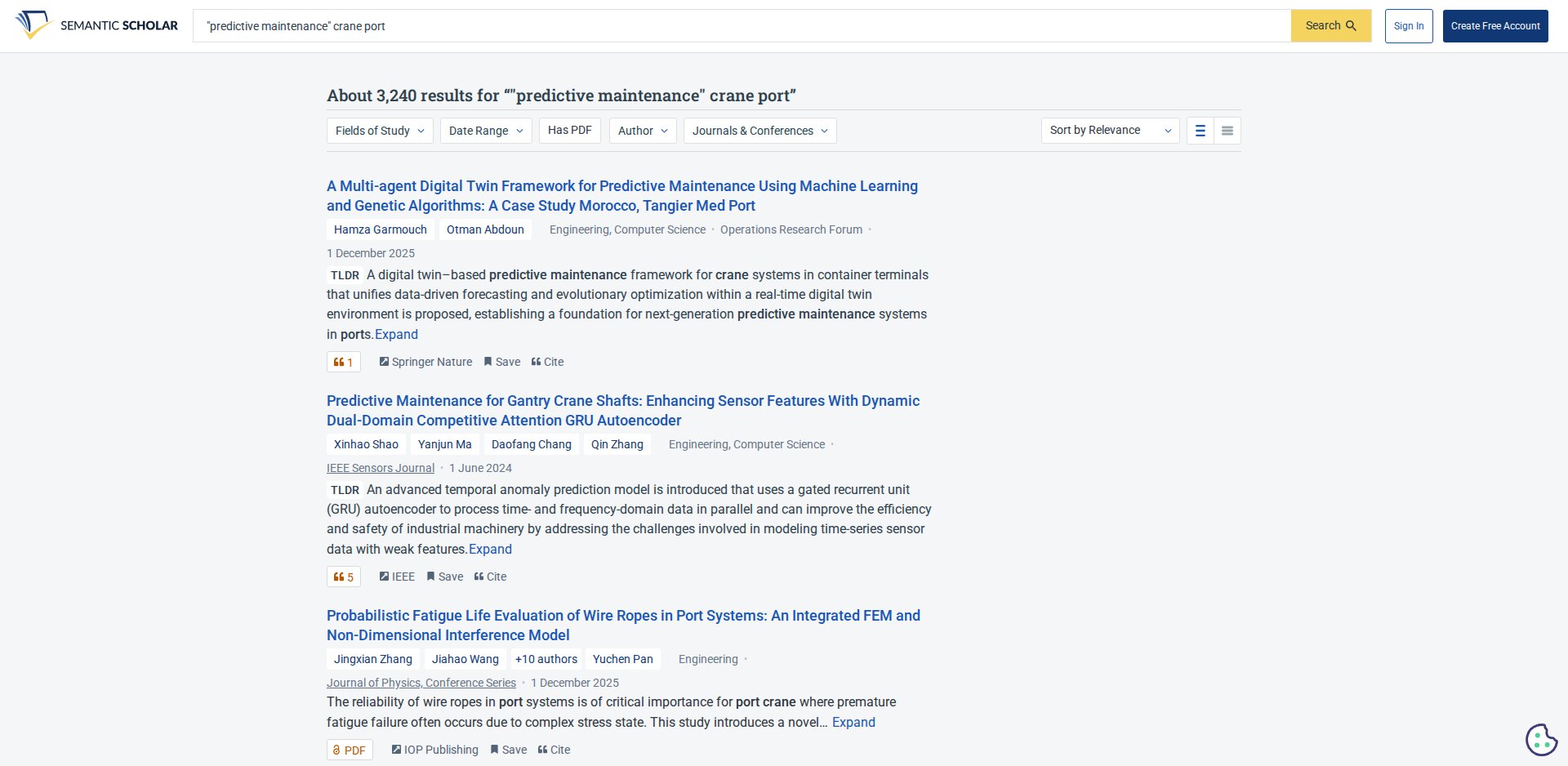 Semantic Scholar: About 3,240 results para predictive maintenance crane port, filtros Fields of Study, Date Range, Has PDF, Author, Journals and Conferences; cada resultado com TLDR, Cite e selo PDF