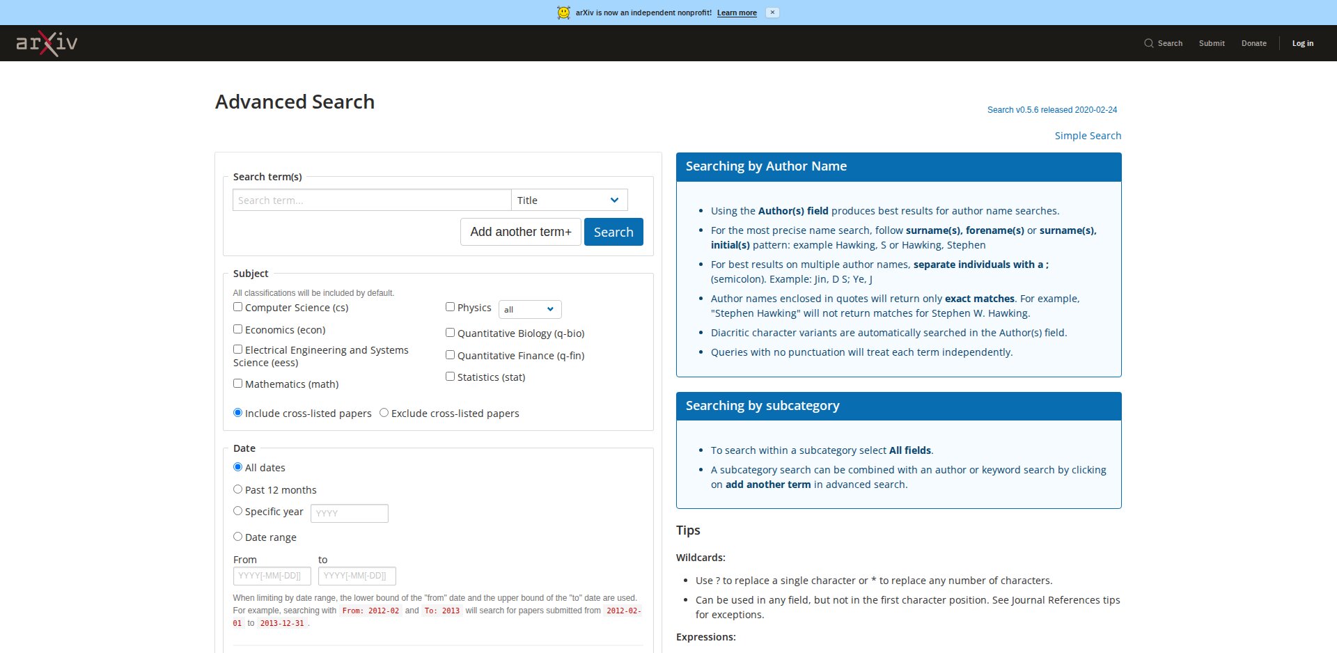 Busca avançada do arXiv com campos, operadores AND, OR e NOT, filtro de assunto e de datas