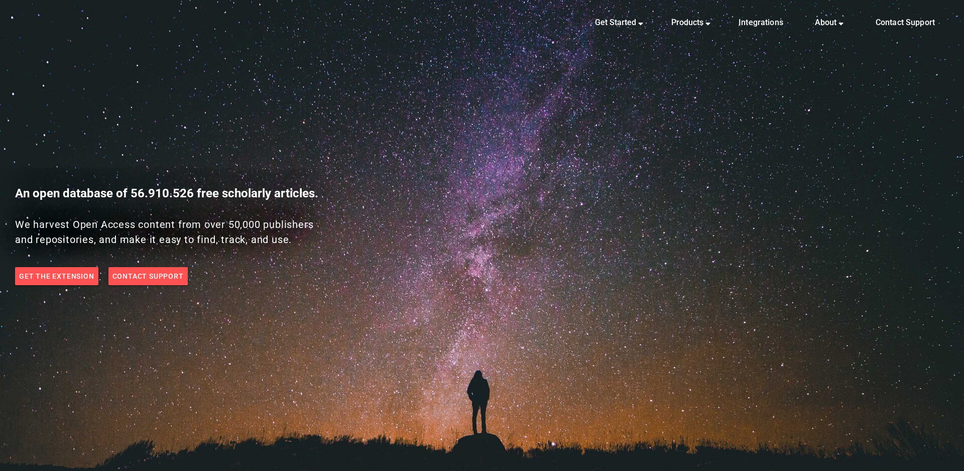 Home do Unpaywall: An open database of 56.910.526 free scholarly articles, harvested from over 50,000 publishers and repositories; botão GET THE EXTENSION