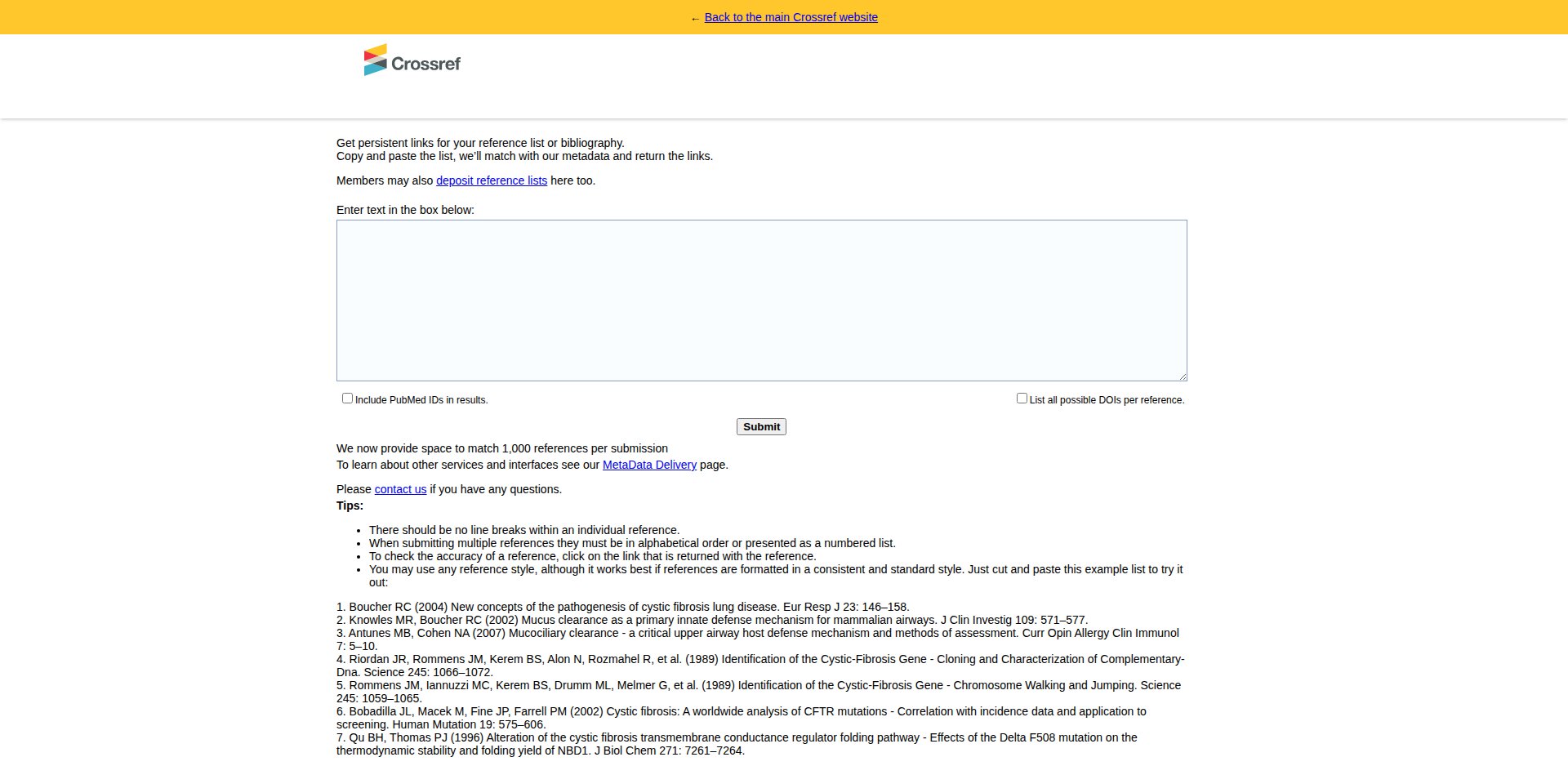 Crossref Simple Text Query: caixa para colar referências e receber os DOIs correspondentes