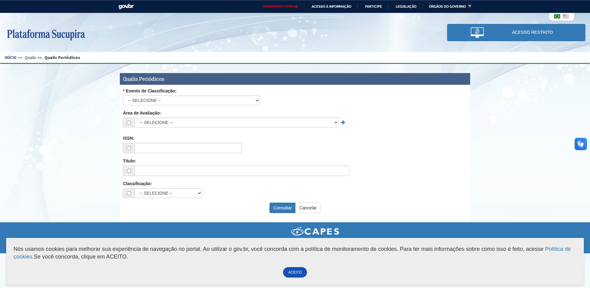 Plataforma Sucupira, consulta Qualis Periódicos: campos Evento de Classificação, Área de Avaliação, ISSN, Título e Classificação, e o botão Consultar