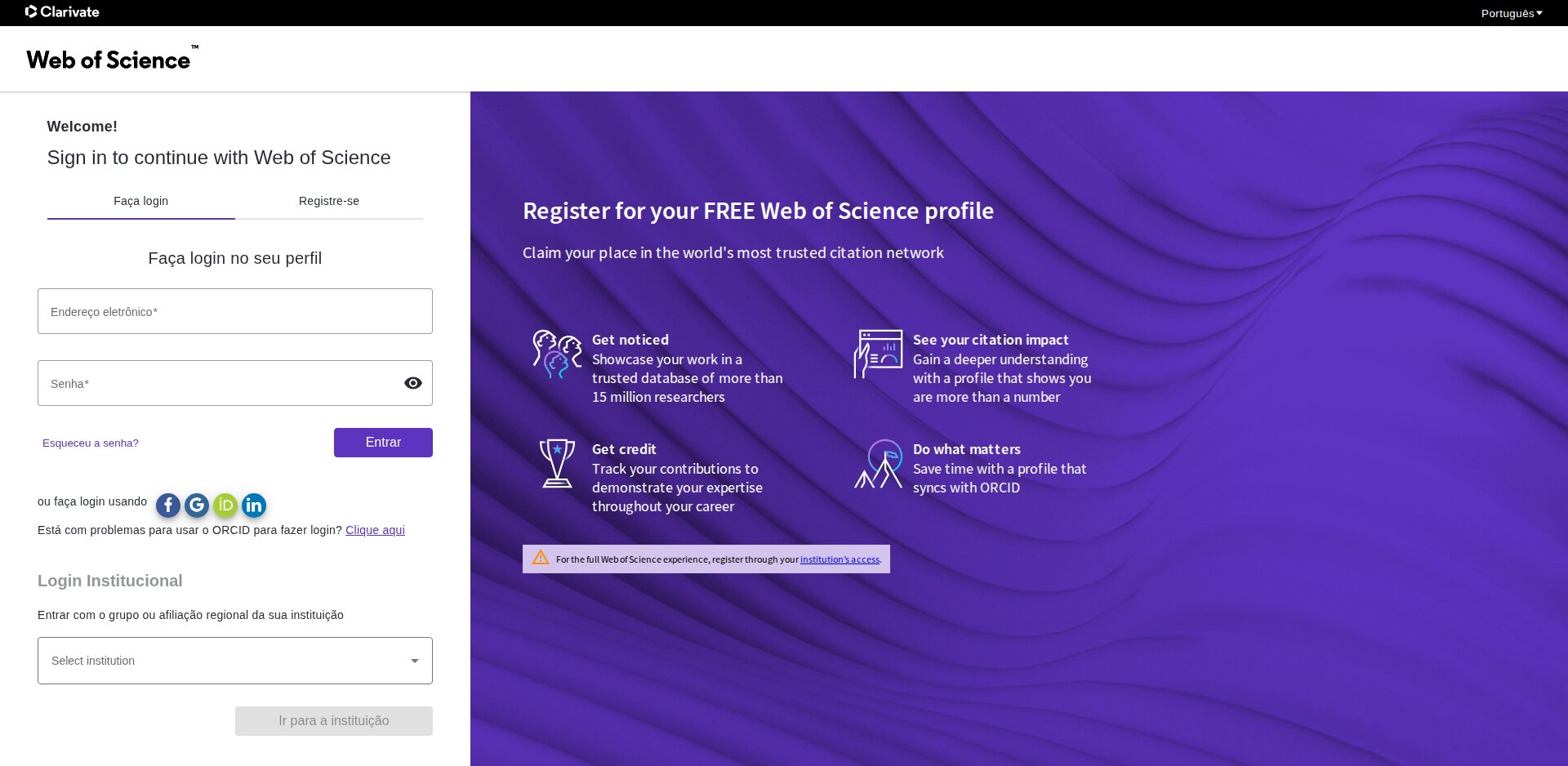 Tela de entrada da Web of Science: Sign in to continue with Web of Science, Login Institucional com seleção da instituição, e o aviso para registrar pelo acesso da instituição
