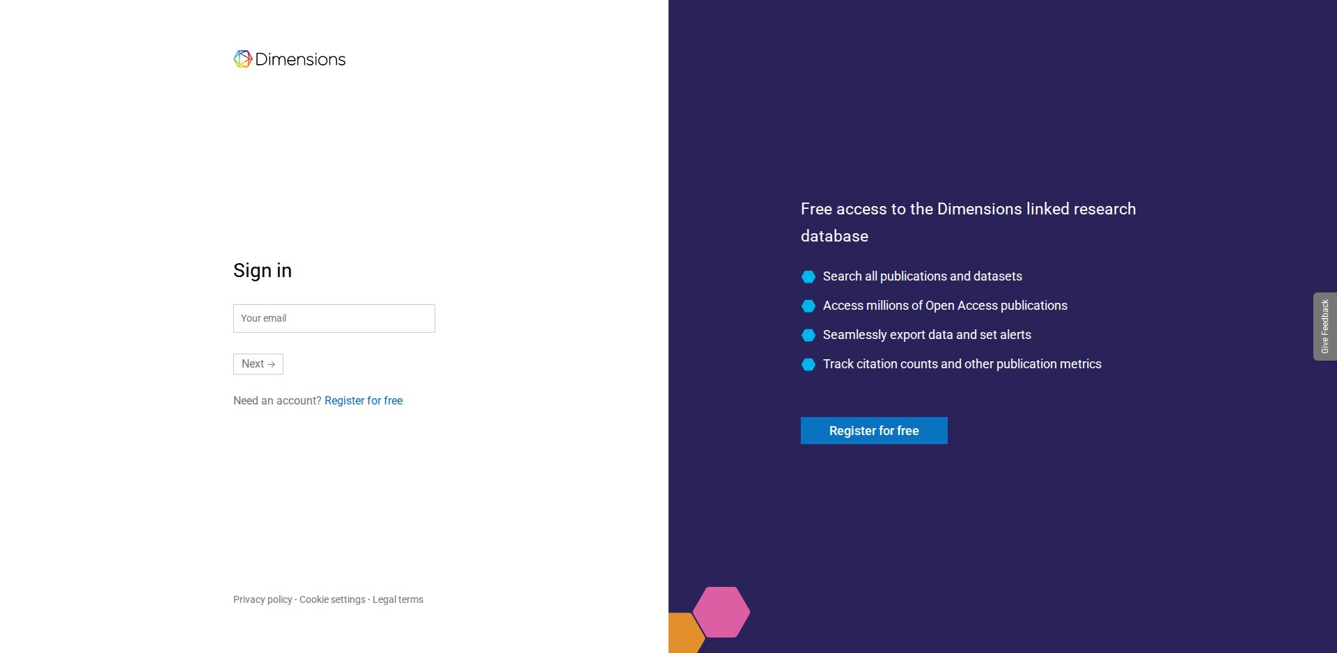 Dimensions (app.dimensions.ai) pedindo login: Free access to the Dimensions linked research database, Register for free