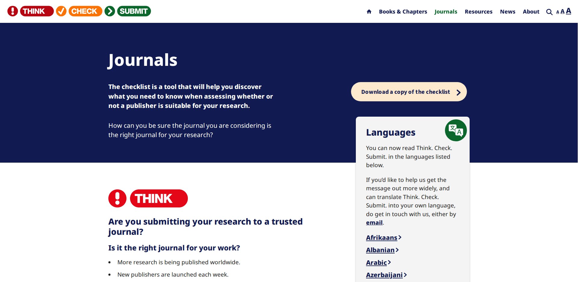Think. Check. Submit., página Choose the right journal for your research, com a checklist para periódicos