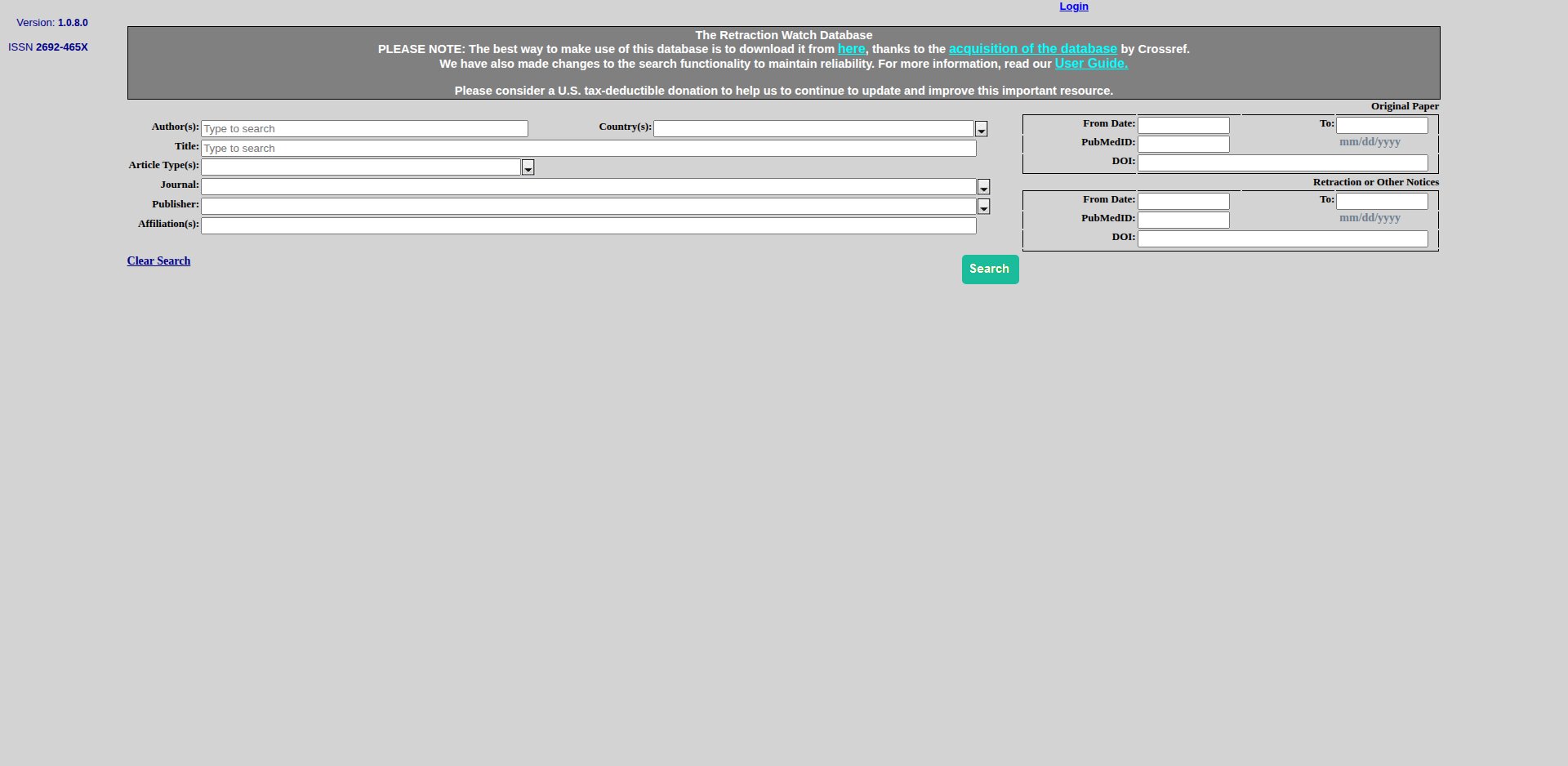 Retraction Watch Database, versão 1.0.8.0, com o aviso de que a melhor forma de usar é baixar o banco