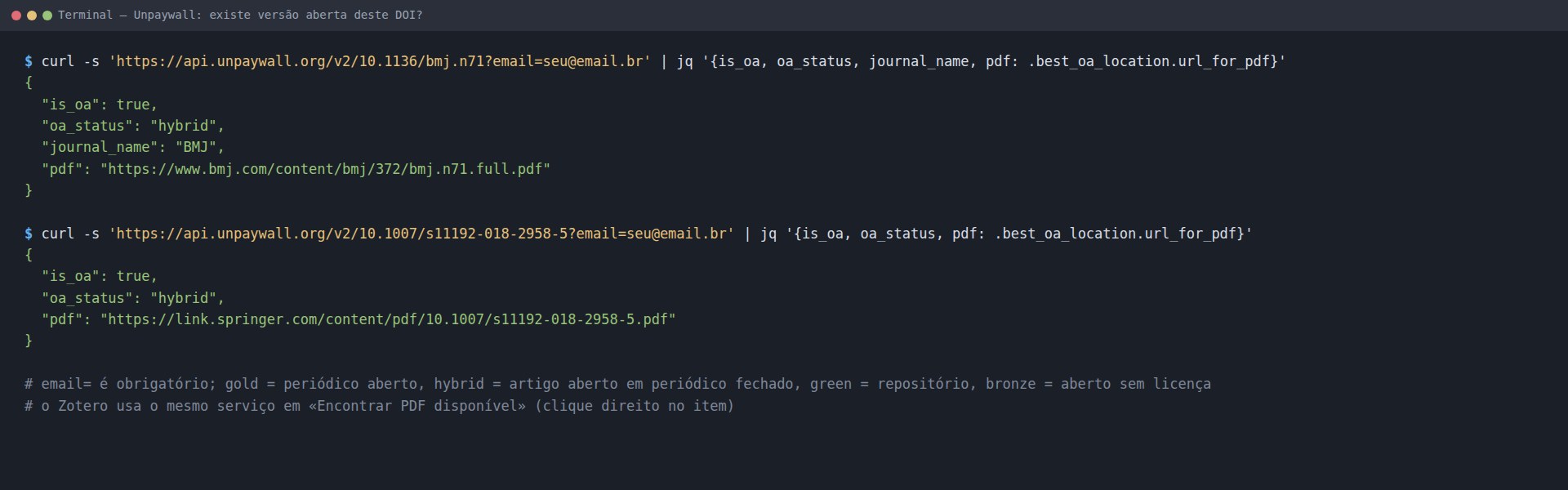 Terminal: curl à API do Unpaywall para dois DOIs, mostrando is_oa, oa_status e o link do PDF